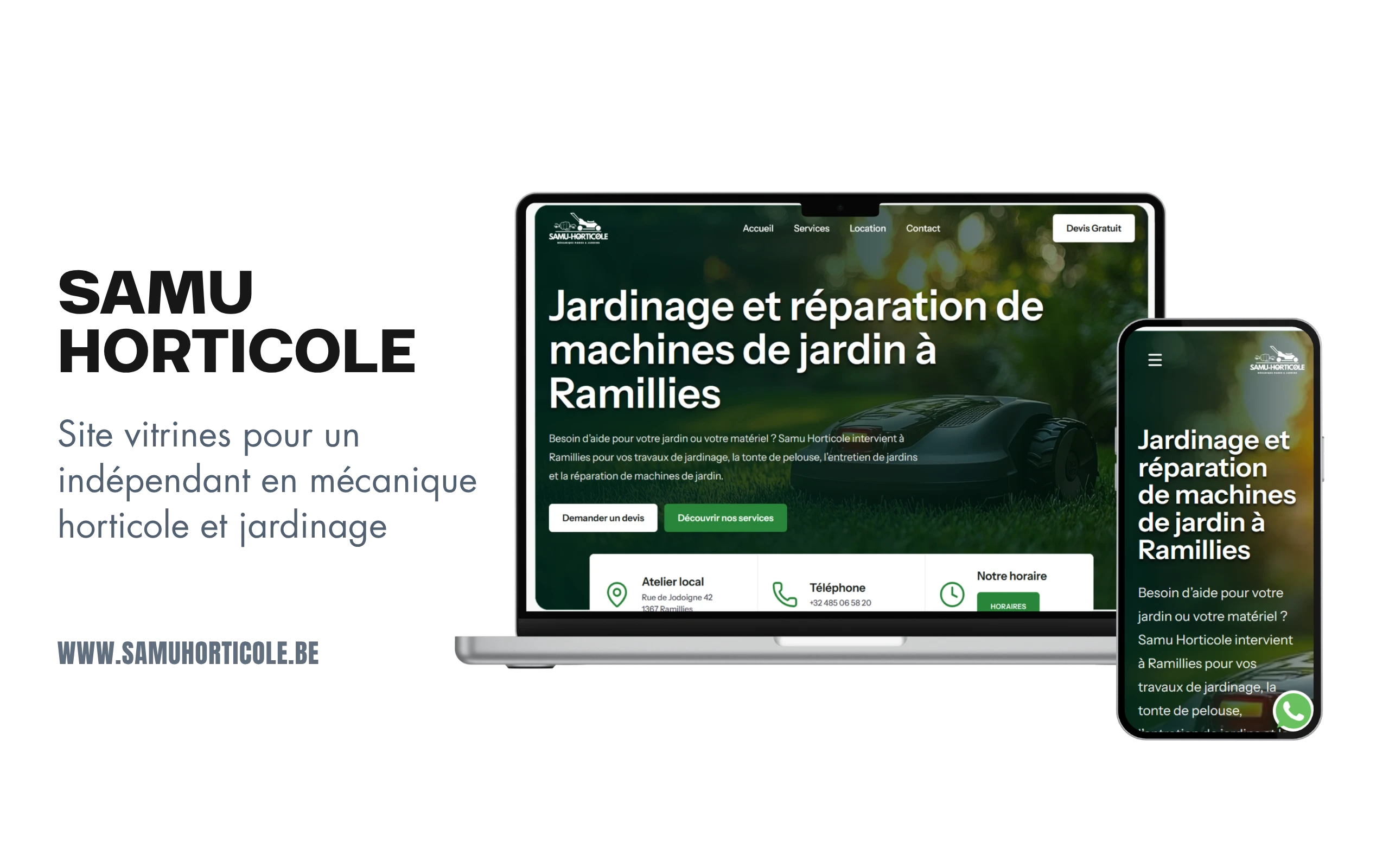Présentation du site Samu Horticole sur ordinateur et smartphone